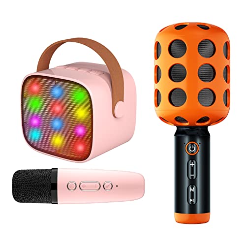 Kids Toy Karaoke Machine &Wireless Bluetooth Karaoke Microphone , Portable Bluetooth Speaker with Wireless Microphone , Family Microphone Combination for Girls Boys Adults Giftï¼V16Orange and K1Pinkï¼