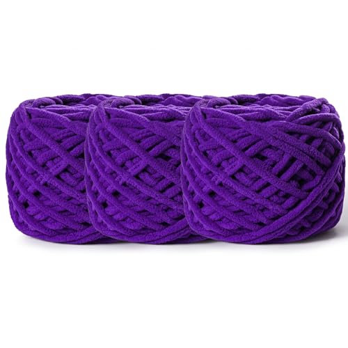Image of 3 Pack Fluffy Chenille Chunky Yarn for Crocheting 100g(65.6yd) - Baby Yarn for Crocheting Soft - Velvet Yarns for Crochet Blanket - Amigurumi Crochet Yarns (Dewberry)