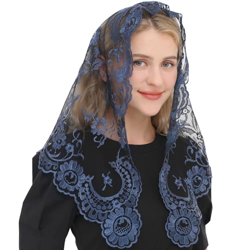 Spanish Mantilla Church Prayer Veils Blue Catholic Mass Chapel Veil First Coummunion Women‘s Church Mantilla Head Covering Latin Mass Veil (Blue&Black)