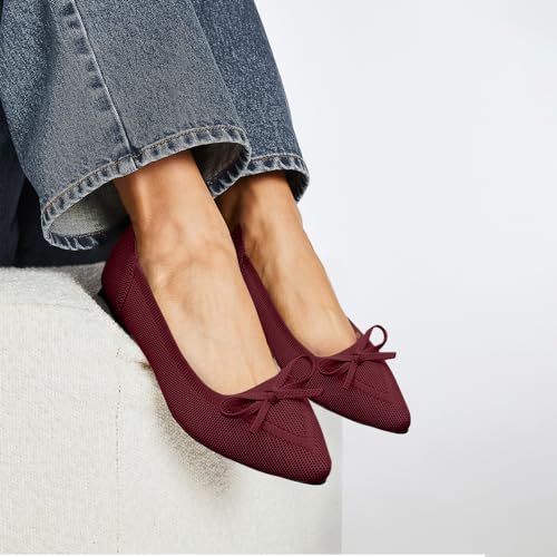 Image of TINGRISE Women's Flats Pointed Toe Bow Knit Ballet Shoes Comfortable Dressy Mesh Slip On Flat
