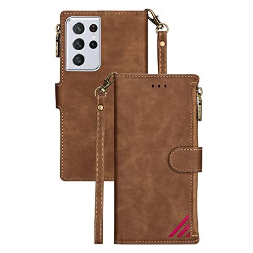 LTLCBBL Funda para Samsung Galaxy S22/S22 Plus/S22 Ultra 5G,PU Cuero Flip Folio Carcasa con Pulsera Soporte Plegable Ranuras para Tarjetas Funda para Teléfono Móvil,Marrón,s22 Plus 6.6'' Cover