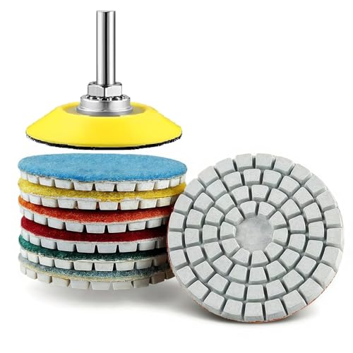 MiJunHD 2inch 50mm Diamond Water Grinding Pad, 7 Different Grit 50#-3000# Wet Sanding Discs & 6mm Round Handle Hook & Loop Backing Holder for Detail Fine Buffing Polishing (8Pcs/Set)