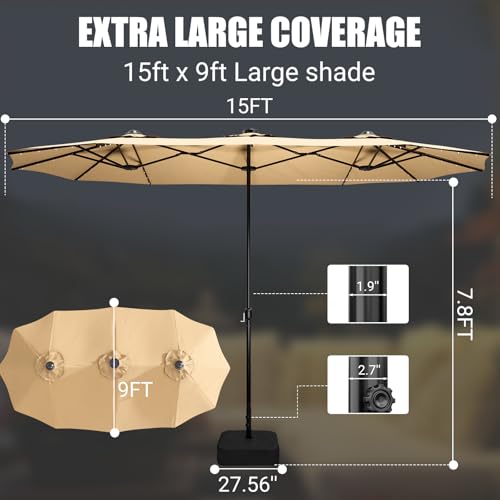 LEVELEVE 15FT Large Patio Patio Umbrella with Base & Solar LED Lights - Double-Sided,Kahaki - Thumbnail 4
