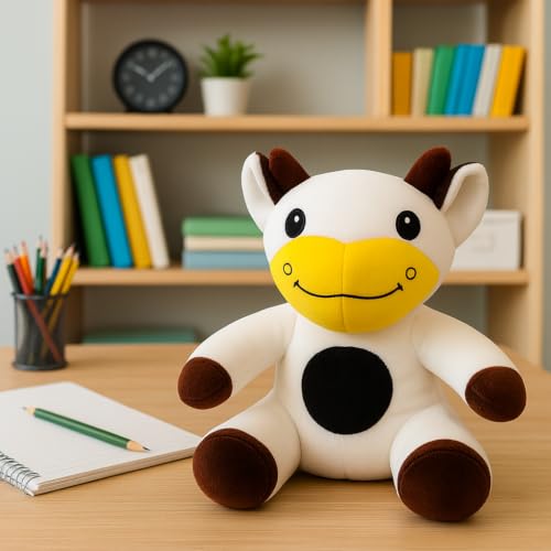 Image of 25 cm Sitting Cow Soft Toy, White and Black Spots, Plush