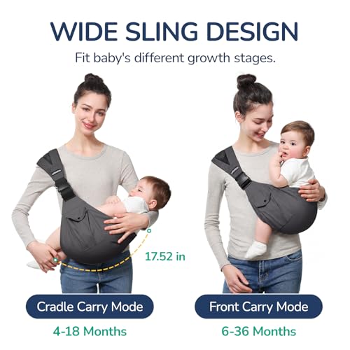 Image of Baby Sling Carrier with Wide Shoulder Padding, 100% Cotton | Adjustable Waist Strap, Ergonomic Hip, Storage Pocket, Hands-Free & Comfortable, for Toddlers 4-36 Months (8-35 lbs)