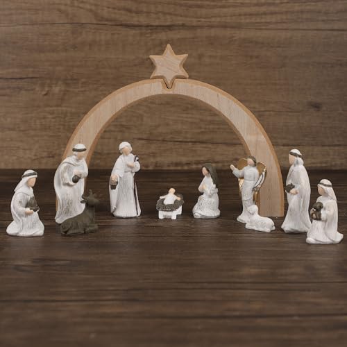 Treewoll 11 Pcs Christmas Scene Nativity Set, Holy Family Scene with Wooden Arched Stable and Resin Figurines Including Baby Jesus, Mary, Joseph and More, Religious Collections for Home Tabletop Decor - Thumbnail 5
