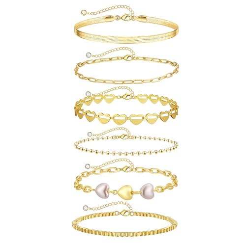 Amicon Gold Bracelets for Women,Dainty 14K Gold Plated Stack Set Trendy Stackable non tarnish Paperclip Chain Bracelets Gold Jewelry Sets Gifts for Women