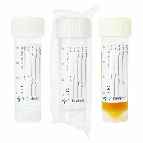16 Pack Dr. Deutsch 30ml Urine Sample Bottles Individually Wrapped & 100% Sterile Specimen Pots Leak-Proof Graduated Containers with Screw Lid & Pre-Printed Hospital-Style Label
