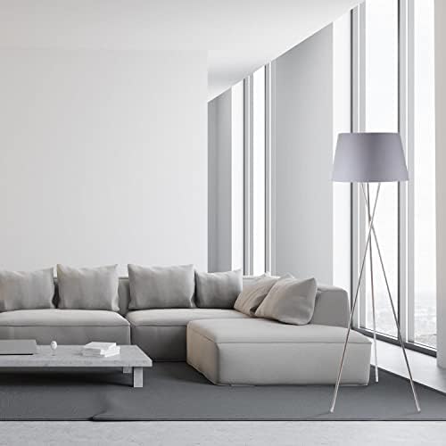 First Choice Lighting Modern Chrome Tripod Floor Lamp with Matching Grey Fabric Shade