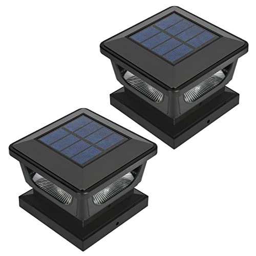 FVTLED Solar Post Cap Lights Outdoor, Fence Post Solar Lights for 3x3, 4x4 Posts Patio Fence Deck Garden Decor, IP65 Waterproof High Brightness Cool White 6500K LED Lighting (2 Pack, Black)