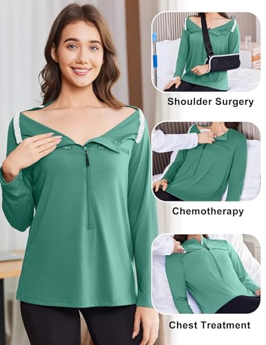 Deyeek Chemo Port Shirts for Women 2 Side Snaps Long Sleeve Shoulder Post Surgery Clothing Dialysis Breast Cancer Shirts2