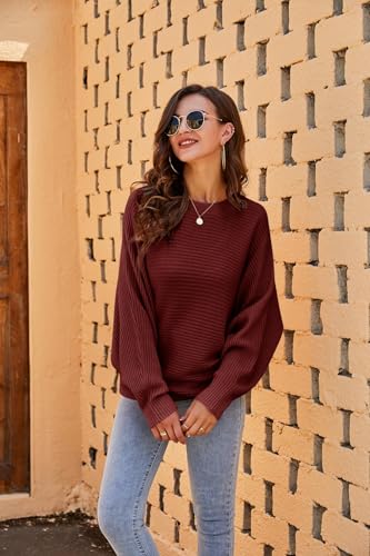 Fessceruna Damen Pullover Oversize Fledermausärmel Strickpullover Winter Rundhals Pulli Geripptes Sweatshirt(Weinrot, L)