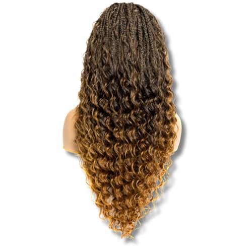 PIB 24” Single Full Lace Braid Wig – Micro Boho Deep Wave Box Braided Wig, Knotless Braided Wigs for Black Women, Curly Hair Wig (#1B27 Off Black and Light Brown, 24" Small-Medium)