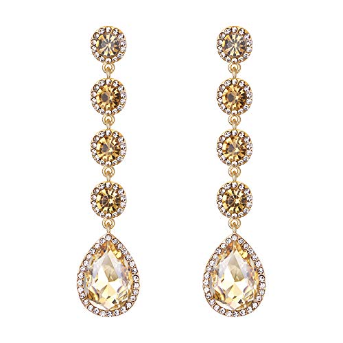 BriLove Wedding Bridal Dangle Earrings for Women Elegant Crystal Teardrop Chandelier Earrings Champagne Gold-toned