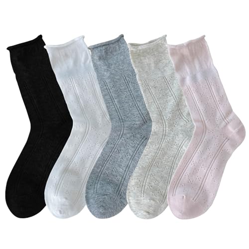 zrylibya Women Cute Roll Top Ankle Socks Breathable Mesh Summer Thin Casual Basic Style Socks 5 Pairs