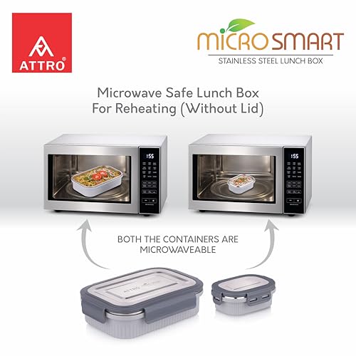Image of ATTRO Micro Smart Stainless Steel Lunch Box with Inner Steel Body, Microwave Safe Without Lid, Airtight Leakproof with Small Container for Office, School Kids & Outdoor Use - 800ml+180ml-Grey