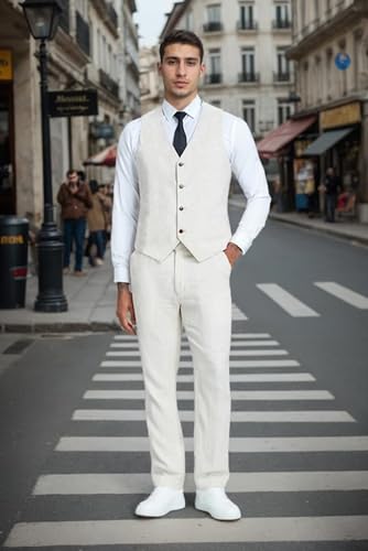 Summer Linen Men's Suit Slim Fit 2 Piece Set Vest Pants Men Suit Casual Breathable for Wedding Groom Prom Party Formal3