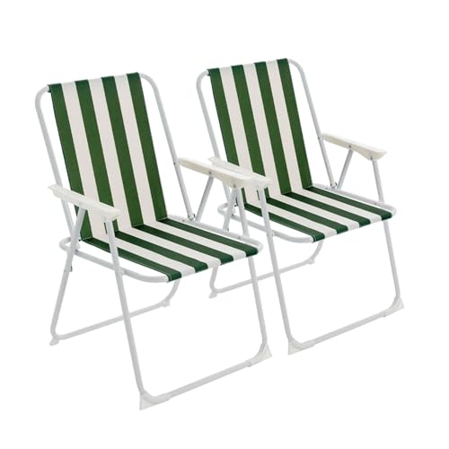 Harbour Housewares Folding Beach Deck Chair - Green Stripe - Pack of 2 - Metal Outdoor Patio Seat...
