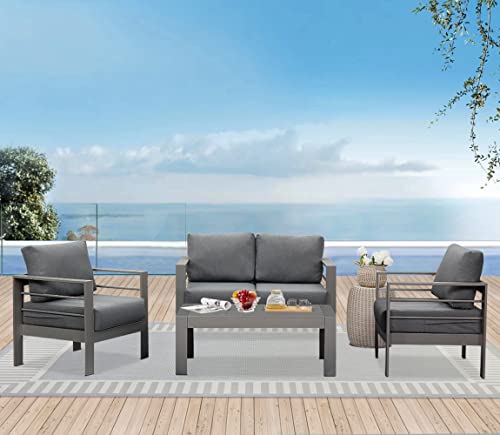 Solaste Outdoor Aluminum Furniture Set - 4 Pieces Patio Sectional Chat Sofa Conversation Set With Table,Grey #TOP6