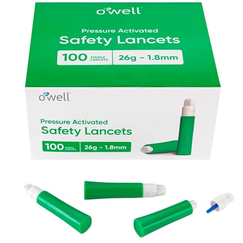 OWELL® Safety Lancets 26G x 1.8mm – 100 Count | Gentle & Painless | Sterile, Preloaded, Medical-Grade, Pressure Activated Lancets for Blood Glucose Monitoring