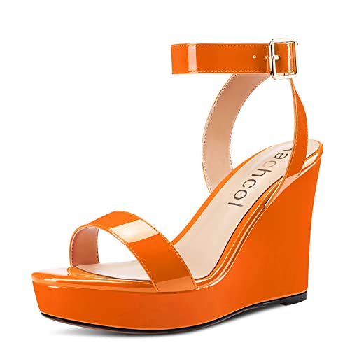 Image of Aachcol Women Platform Wedge Sandals Round Peep Open Toe Ankle Strap Slingback Two-Piece Chunky Block High Heel Dress Shoes Pumps Party Patent 4 Inch