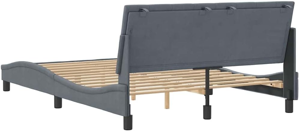 vidaXL Bed Frame with Headboard - Full Velvet Dark Gray Double Bed Base with Foam Cushion and Plywood Slats - Modern Waved Design