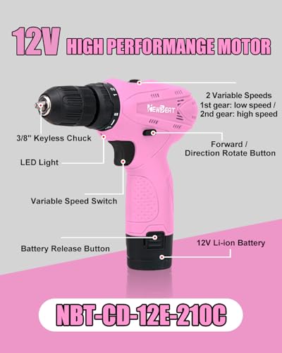 Image of 12V Cordless Drill Set with 2 Battery, Pink Drill for Women