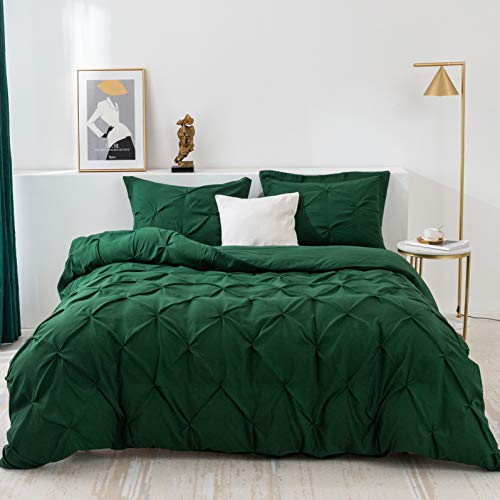 3 Pieces Bedding Duvet Cover Set, Pinch Pleated Queen Duvet Cover, Pintuck Comforter Quilt Cover with 2 Pillow Shams-Queen-90 X 90 inches-Green