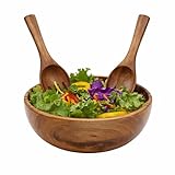Wrightmart Acacia Wooden Salad Bowl Set With Servers, 9 Inch Solid Wood Serving Bowl, Joint-Free Non-Laminated Handmade Salad Bowl For Fruit, Pasta & Entertaining, Rustic Set Of 3