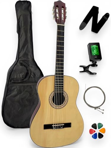 AMROVA - Guitare Classique 4/4 Gaucher + Housse + Sangle + Accordeur + Cordes + Médiators + Cours Vidéo Offerts (Naturel, 4/4, Gaucher)
