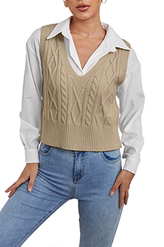 Aoysky Sweater Vest Women's V-Neck Sweater Tank Tops Pullover Cable Knit Vest Solid Color Sleeveless Loose Fit Sweater Top3