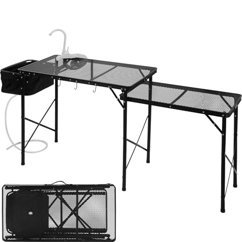 REDCAMP Lightweight Camping Kitchen Table with Sink, Metal Folding Portable Camping Cooking Station Grill Table with Hooks for Outdoor, BBQ, Party and Picnic(Faucet/Sprayer NOT Included)