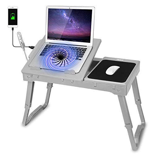 Moclever Laptop Table for Bed-Multi-Functional Laptop Bed Table Tray with Internal Cooling Fan & 2 Independent Laptop Stands-Foldable & 3 Different Height Laptop Desk-LED Lamp-4 Port USB