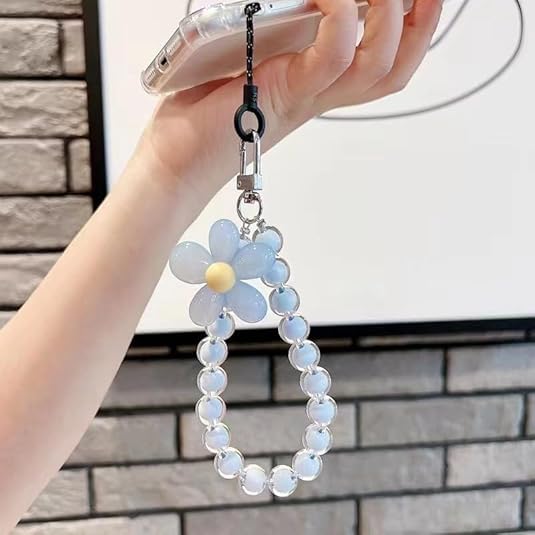 Colorful Flower Daisy Transparent Beaded Phone Charm Y2K Cute Phone Strap Pink Yellow Green Daisy Lanyard Jewelry Keychain Charm for Women -pure blue