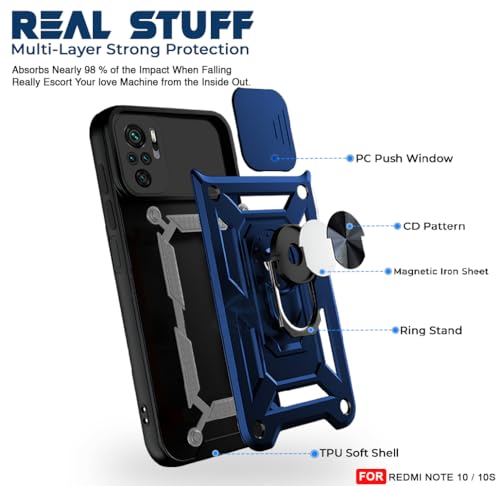 Image of AESTMO Tough Armor Redmi Note 10 / 10S Bumper Back Case Cover | Ring Holder & Sliding Camera Shield Cover | 360 Degree Protection Back Case Cover for Redmi Note 10 / 10S (Blue)