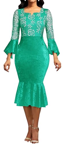 Image of Midi Lace Dress for Women Bodycon Dress Church Cocktail Party Clothes | Square Neck,Lace Bell Sleeve,Velvet Look,Mermaid Hem,Midi Dresses,Cocktail Party,Wedding Guest Party,Formal Event Outftis