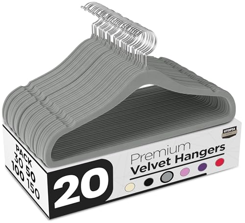 Utopia Home Premium Perchas de Terciopelo Antideslizantes, Duraderas Perchas Negras con Gancho Giratorio de 360 Grados Percha de Gran Resistencia (Gris, Paquete de 20).