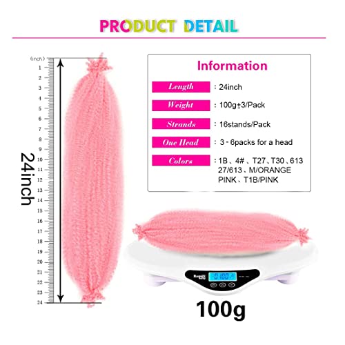 Pink Spring Twist Hair 24 Inch Marley Hair Pre-Fluffed Springy Afro Twist Hair Twisted Up Kinky Twist Cuban Twist Crochet Hair Pre-Separated Braiding Hair For Black Women (24 Inch Pink 3 Pack) #TOP3