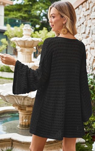 Image of Angashion Women's Crochet Cardigan Sweaters Lightweight Knitted Long Batwing Sleeve Hollow Out Tie Front Boho Beach Cover Up