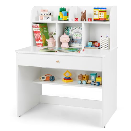 COSTWAY Scrivania in Legno 80 x 48 x 102 cm per Bambini 3+ Anni, Scrivania Cameretta Bambina con 5 Mensole, 1 Cassetto,...