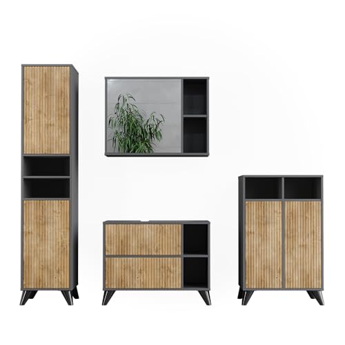 Vicco Badmöbel-Set Anthrazit/Bergeiche Leano, bestehend aus Badspiegelschrank, Waschbeckenunterschrank, Midischrank, Hochschrank - Viel Stauraum Oben und unten