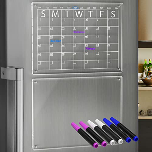 Image of YeWink Magnetic Dry Erase Calendar Board for Fridge, 16”x12" Clear 2 Set Acrylic Planner Board for Refrigerator, Reusable Whiteboard Includes 6 Markers 3 Colors