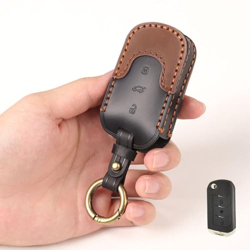 Image of Keyzone Dual Leather Key Cover for Thar, Scorpio, Bolero, XUV700, XUV400, XUV300, TUV300, Marazzo 3 Button flip Key (Push Button Start Models only) (Black-Brown)