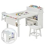 UNICOO Drawing and Art Table & Chair Set for Toddlers - Portable Craft Supplies Organizer and Storage Shelves, Canvas Bins, Paper Roll Rack, 2 Stools, Kids Art Table, Ages 2-12 (White)