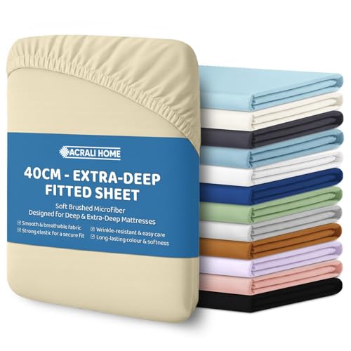 Image of ACRALI HOME Single Fitted Sheet - Cream Bottom Sheet for Single Bed with 40cm Extra Deep Fit Pocket- Hotel Quality Soft Microfiber Bedsheet - Breathable Shrinkage and Fade Resistant