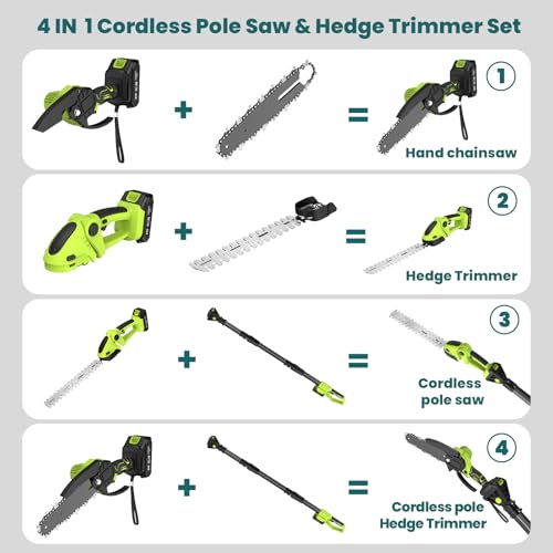Cordless Pole Hedge Trimmer & Chainsaw Set, 2 * 4.0Ah Battery Rechargeable 7.05Ft Extension Pole 550W Motor 0-135° Adjust Angle Long Reach Trimmer Pruning Branch for Fence, Grass Trimmer - Image 2