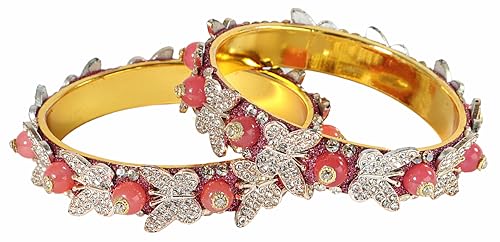 Image of LAVAZZA Stylish Butterfly Design Golden Metal with Zircon Diamond & Pearls Moti Bangles Kada For Women & Girls | Traditional Girl's Bangles Bracelet | Women's Kangan Wedding, Party-Set of 2