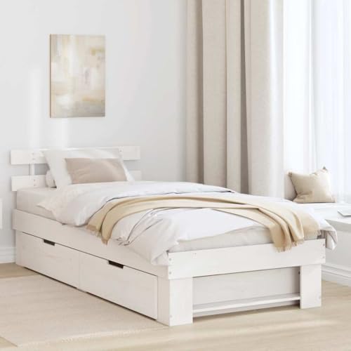 vidaXL Cama Plataforma Blanca 100 x 200 cm de Madera de Pino Sólido con 2 Cajones Abajo para Gran Almacenamiento, No Necesita Taquillón, Ideal para Interior, Montaje Sencillo, Muebles de Dormitorio