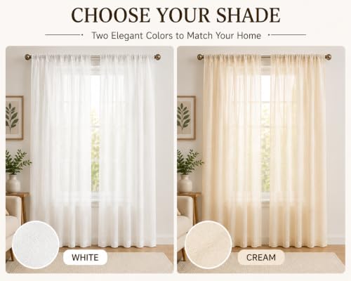 Image of KALIYO Linen Look Sheer Pleated Curtains for Living Room & Bedroom | Premium Light Filtering Window Curtains | Pinch Pleat Header Curtain Panels | White | 9FT | 2 Piece Set