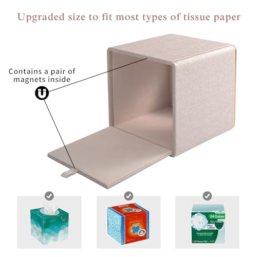 RHCSZ Linen Square Tissue Box Cover,Cube Tissue Box Holder－Excellent Rosegold Leather Decoration,Table Napkin Case Dispenser,Facial Tissues Organizer with Magnetic Bottom for Home Office Car(Beige) by RHCSZ - Image 5